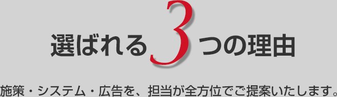 選ばれる3つの理由 施策・システム・広告を、担当が全方位でご提案いたします。